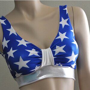 Royal Blue White Silver Stars Sports Bra Yoga Top  SXYfitness Made in USA NEW